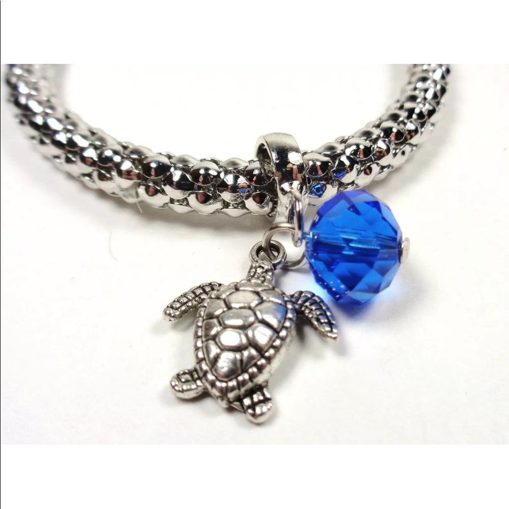 Silver Sea Turtle Blue Ball Stretch Charm Bracelet